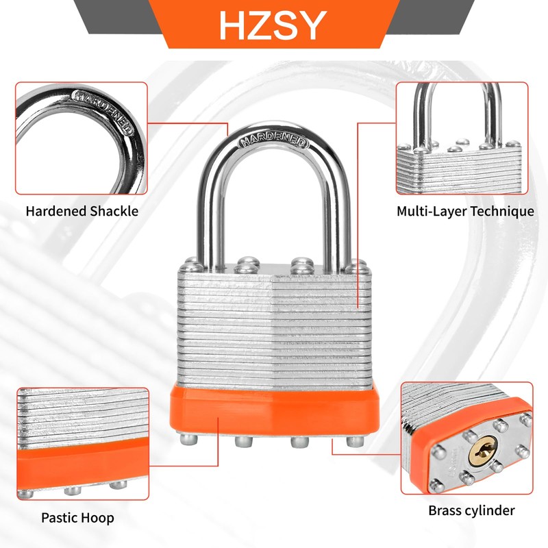HZSY Padlocks Keyed Alike, Pack of 24, Laminated Steel Keyed