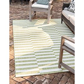 Unique Loom Striped Collection Modern Transitional Indoor and Outdoor Flatweave Area Rug, 5' 0 x 8' 0 Rectangle, Green/Ivory