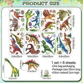 8 Sheets Watercolor Dinosaur Wall Stickers - 9.8x13.8 Inch Removable Jurassic Dinosaur Wall Decals with Footprints & Eggs - DIY Kids Room Baby Bedroom Decor for Boys Girls Classroom Nursery (B)