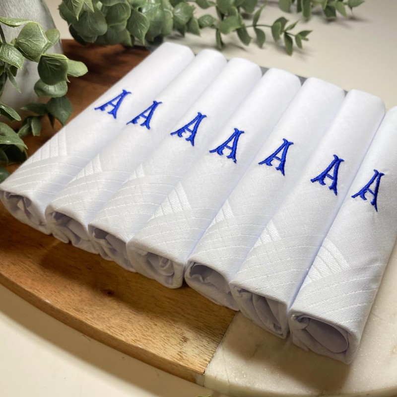 Pack of 7 White Satin Handkerchiefs with Blue Embroidered Initials,