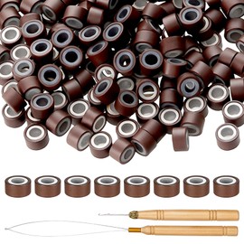 Hair Extensions Tool Kit, Bead Device Tool Kits 200 PCS 4mm Silicone Lined Micro Links Beads with Pulling Hook Needle for Tinsel and Feather Hair Extensions (Dark Brown)