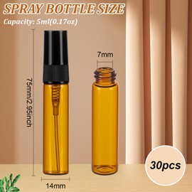 BENECREAT 30pcs 5ml/0.17 oz Mini Amber Glass Spray Bottle, Refillable Fine Mist Sample Bottle Small Travel Spray Bottle for Perfume, Liquid Cosmetics, Essential Oils