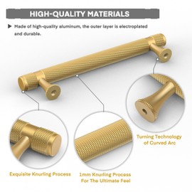 Bar Cabinet Handle Knob Pull Brushed Satin Gold/Brass Finish with Knurled 6" (5" Hole Center) for Kitchen Cabinet Hardware/Dresser Drawer Handles, 10 Pack