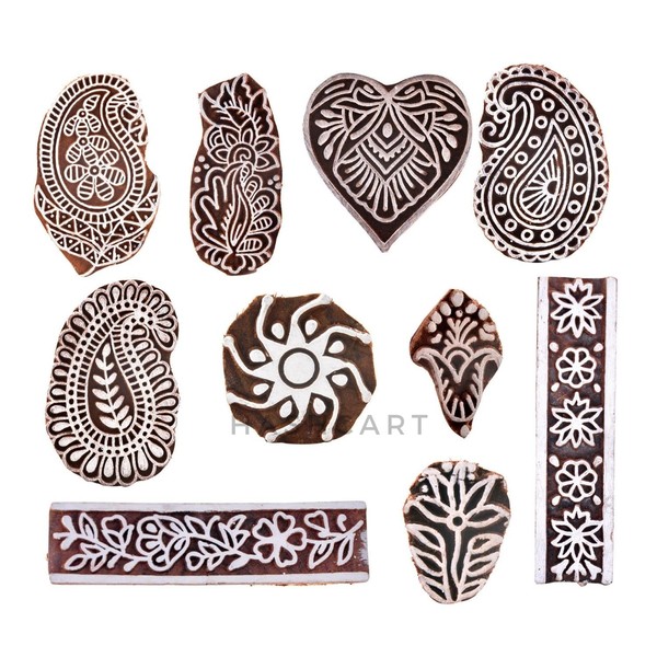 Wooden Printing Stamps Set - Wooden Block Stamps - Indian Textile Printing Blocks for Tattoo Clay Pottery Henna Card Making Pack of 10, Hashcart®