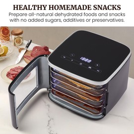 Elite Gourmet EFD809D Food Dehydrator with 5 Stainless Steel Trays, Adjustable Temp & Time + Keep Warm, Includes Interior Light, Fruit Roll Tray and Recipe Booklet, Black