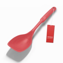 Large Silicone Cooking Spoon, Non-Stick Solid Spoon set with Deep Bolw and Measurement Mark for Mixing, Serving, Draining, Scooping, Scraping, Heat Resistant Kitchen Utensils, Red