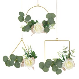 White Rose Wreath, Sunvissh Set of 3 Artificial Flower Wreath Hoop with White Floral & Eucalypts Leaves for Home Outdoor Indoor Wedding Party Wall Window Decor