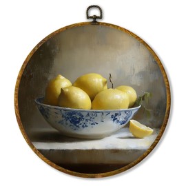 shiviody Chinoiserie Lemon Canvas Wall Art Decor, Blue and White Wall Art, Still Life Grandmillennial Lemons Round Hanging Frame Prints Decorations for Kitchen Dining Room Living Room 10"x10"