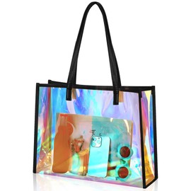 Aliceset Holographic Clear Tote Bag with Leather Handle Iridescent Bachelorette Beach Bag for Work Stadium Travel(Black)