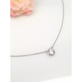 Beautifuljewelrynyc Tiny Bezel Cz Solitaire Necklace 925 Sterling Silver Pendant Round 6.8mm 17.25"