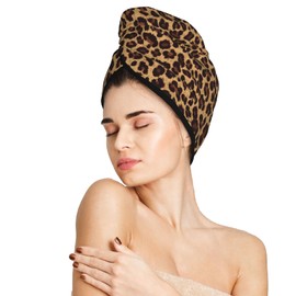 famliihw Leopard Hair Towel Wrap Microfiber Fast Drying Hair Turban with Buttons for Women Girls Drying Curly, Long & Thick Hair