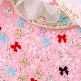 3D Bow Nail Charms and Rhinestones, Color Acrylic 3D Nail Bows Alloy Bow Nail Charms, Bowknots Blossom Flowers Nail Charms and Gems for Acrylic Nails Y2K DIY Nail Art Accessories