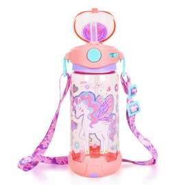 Kids Water Bottle with Straw & Strap for School Kids Girls Boys, 22oz BPA Free Child Drinking Water Bottle One-Click-Open Leak-Proof Locking Flip Lid for Back to School Sport Travel