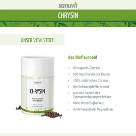 Sanuvit® - Chrysin | 100% Natural Chrysine | High Bioavailability thanks to Black Pepper Extract | 500mg per Daily Dose / Capsule | 90 Capsules