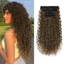 Clip in Hair Extensions, 4PC 100％ Pure Protein Silk Hair Extensions Long Soft Natural Hairpiece 20 Inch Curly Hair Extension for Women-Medium Brown to Light Brown