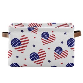 senya Fourth of July Basket American Independence Day Storage Box July 4th, American Flag with Hearts Fabric Storage Basket Organizer Bag with Handles