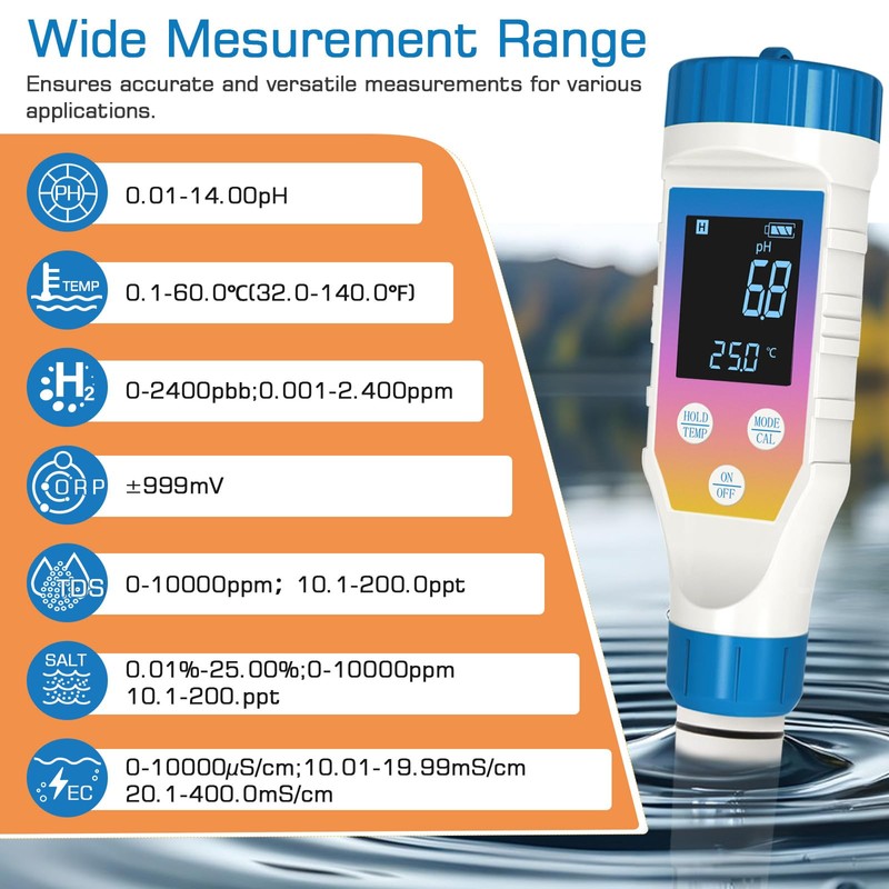 YIYEGO pH Meter for Water, pH/H2/TMEP/EC/TDS/ORP/Salt Kit, Salt Content Meter