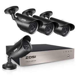 ZOSI H.265+ Home Security Camera System Outdoor Indoor, 8 Channel 5MP-Lite CCTV DVR Recorder and 4pcs Weatherproof Surveillance Bullet Camera,Night Vision,Remote Access,Motion Alerts (No HDD)