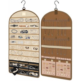 MATEIN Over the Door Jewelry Organizer with Travel Pouch, Double-Sided Hanging Necklace Earring Holder with Pockets, Large Jewelry Storage for Rings Bracelets, Beige-Brown