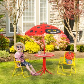 Outsunny Kids Table and Chair Set, Outdoor Folding Garden Furniture, Picnic Table for Patio Backyard, with Removable & Height Adjustable Sun Umbrella, Aged 3-6 Years Old, Red