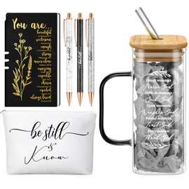 Skylety 6 Pcs Christian Gifts for Women Leather Journal Notebook with Pens Bible Verse Makeup Bag Glass Cup Religious Prayer Appreciation Gifts for Friend Sister Mom Wife Dietitian(Black)