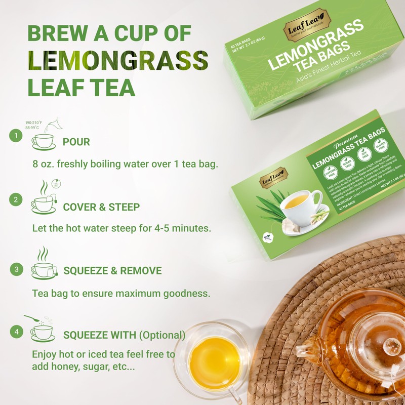 LeafLea Lemongrass Tea Bags, 40 Count, 100% Natural Lemongrass Leaves,