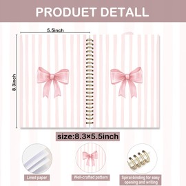 FOPENEM Coquette Pink Bow Notebook 8.3x5.5 Inch, Preppy Girly Journal for Women Teen Girls, Cute Pink Striped Hardcover Spiral Notebook Journal for School Office Work Supplies