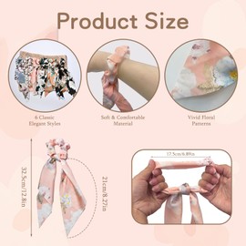 mtuihfo 6 Pcs Floral Ribbon Scrunchies, Satin Silky Flower Hair Ribbons for Women, Girls Boho Hair Bow Ties Ponytail Holders Vacation