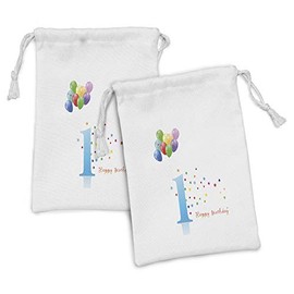 Ambesonne 1st Birthday Fabric Pouch Set of 2, Party Theme with Abstract and Colorful Stars and Balloons Art, Small Drawstring Bag for Toiletries Masks and Favors, 9" x 6", Multicolor