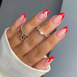 MISUD Almond, Stiletto False Nails 24pcs - Red French Tip, Christmas Hat Design, ABS Material, Press On Nails, Artificial Nails
