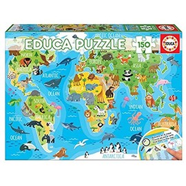 Educa - Weltkarte mit Tieren, 150 Teile Puzzle für Kinder ab 6 Jahren, Landkarte, Lernpuzzle (18115)
