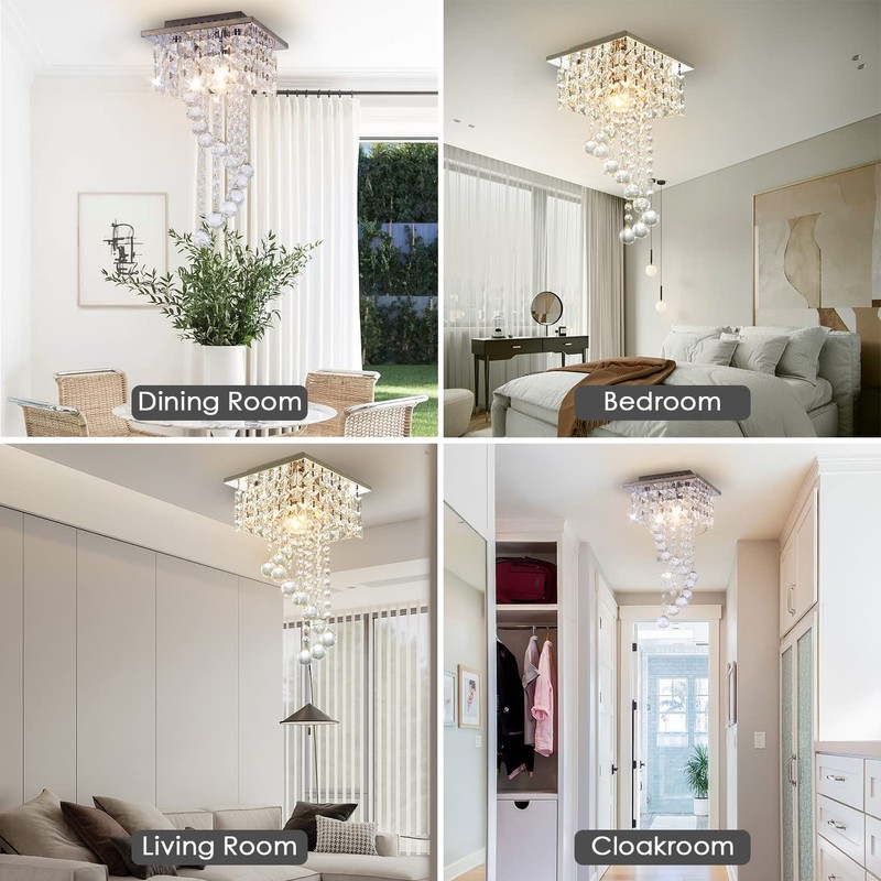 Finktonglan Mini Crystal Chandelier, 7.9" Square Flush Mount Ceiling Light,