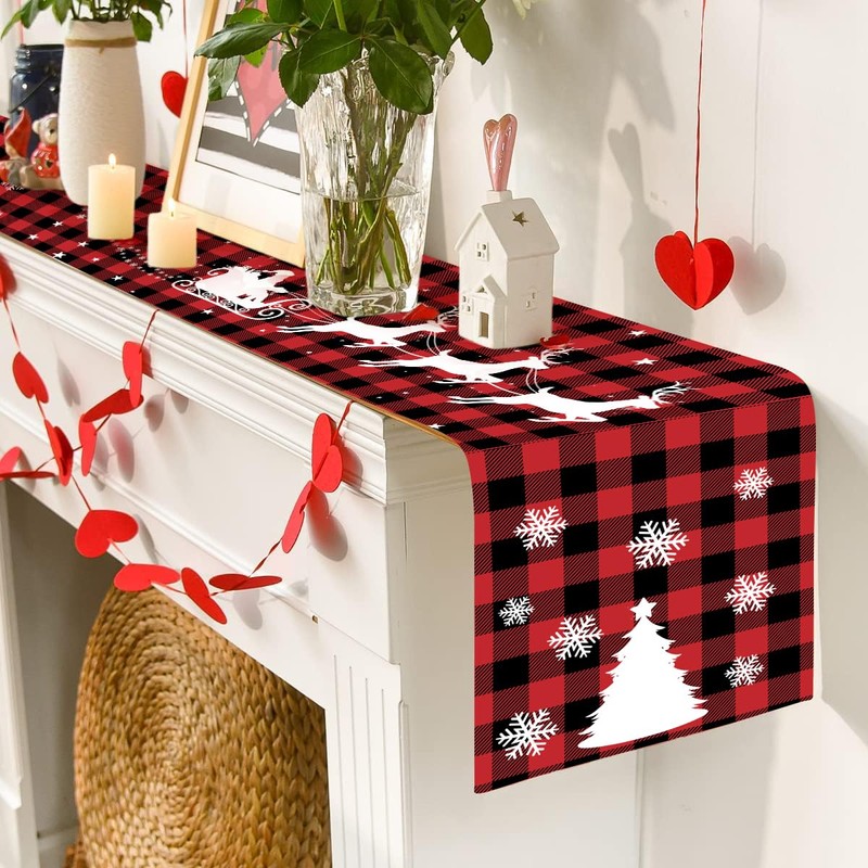 Table Runner Christmas Red, FUKPO Linen Christmas Table Runner Winter