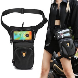 QABIRK Motorcycle Leg Bag with Touch Screen Phone Holder, Waterproof Carbon Fiber Thigh Bag for Men and Women, Adjustable Waist Hip Pouch for Riding and Outdoor Travel