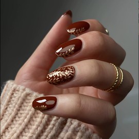 ONPRESS 24Pcs Brown Press on Nails Short Almond Fake Nails with Gold Leaves Designe Nails Deep Red Glossy Full Cover Acrylic Nails Fals Premium Golden Wheat Ear Glue on Nails for Manicure Daily Decor