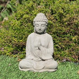 Blessing Buddha Statue: Solid Durable Stone Statue with Distressed Texture. Perfect Home Design & Sealed for Outdoor Use. Handcrafted USA. (Antique/Gray)