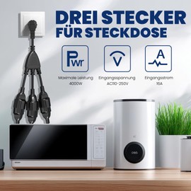 Luxvista Double Plug for Socket, 3 Schuko Multiple Sockets, 3-Way Socket Adapter, Socket Distributor 3-Way, IP44 Protection for Indoor and Outdoor Use, Household, Travel, 16 A/250 V/4000 W, 1.5 mm²