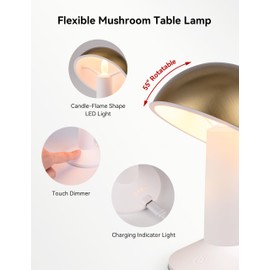Tubicen 2 Pack Mushroom Lamp Cordless Gold Rechargeable Table Lamp 2000mAh Battery Powered Dining Bedside Lamp 55° Rotatable 4-Level Dimmable Ambient Mushroom Night Light
