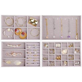 Cirhy 4 Stackable Jewelry Trays Organizer Set for Drawer, Jewelry Organizers and Display Case Storage, Velvet Drawer Inserts Organizer for Necklace Bracelets Earrings Organizer, Gift For Her, Grey