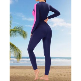 Women’s One Piece Bathing Suit Quick Dry Surf Suit Color Block Full Body Front Zipper Rash Guard Long Sleeve 50+ UPF Sun Protection for Surfing Snorkeling Blue Pink 3XL 2025