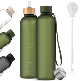Reallnaive 1 Pcs Slim Water Bottle 32oz, 1L Motivational Tracking Reminder Water Bottle-lightweight & Shatterproof and Stainless Steel Lid & Bamboo Straw Lid, for Travel Sports School Gym(Dark Green)