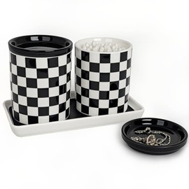 Q tip Holder for Bathroom, Qtip Dispenser set with Lid 2Pack, Cotton Swab Container, Bathroom Q-tip Canisters with lids, Black Apothecary Jars for Countertop, Ceramic Checkered Bathrooms Decor