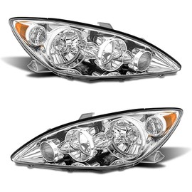 for 2005-2006 Camry Headlight Assembly compatible with 2005 2006 Toyota Camry Chrome Housing with Amber Reflector Headlamp Replacement Left and Right Pair