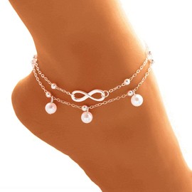 JeanBeau Silver Infinity Beach Anklet bracelet for Women – Boho Waterproof Double Layered Dainty Adjustable Beads Chain Charm Ankle Pearl dangling foot Jewelry Gift