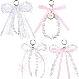 Yunlly 4 Pcs Pearl Bow Key Chain Set, Elegant Aesthetic Keyrings for Women, Cute Y2k Bowknot Keychain Bulk Charm for Purse Handbag Accessories Gift