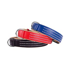 Dog Collar: Soft Leather Padded Fancy Rhinestone, Blue with Tan Padding, Large (15"-19") 3 Jewel Rows