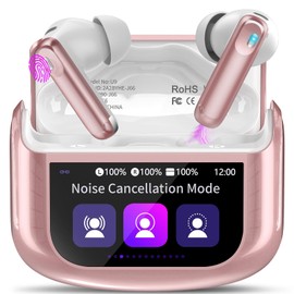 Thunelec Wireless Earbuds, Bluetooth 5.4 Headphones with Multifunctional Touch Screen, 48H Bass Stereo Ear Buds with ANC/ENC Noise Cancelling/Transparency Mode, IPX7 Earphones with 5 EQ Modes, Rose