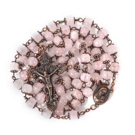 Nazareth Store Vintage Rose Quartz Rosary Necklace 8 mm - Sacred Earth Medal & Cross Crucifix Religious Rosaries Terra Santa Jerusalem Collection, Stone Crystal