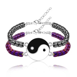 2 Yin Yang Bracelets Set for Couples - His and Hers Hematite Beads Bracelets for Men Women, Matching Puzzle Yinyang Bracelets for Boyfriend Girlfriend Best Friends (Y2101-Black/Purple)