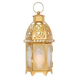 Faroles marroquíes decorativos para interiores y exteriores, de metal dorado de tamaño mediano de 11 pulgadas, decoración de vela para colgar y mesa, decoraciones de Ramadán para el hogar